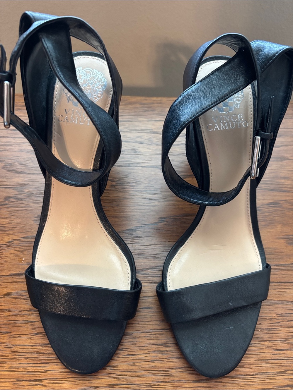 Vince Camuto Black Leather Crisscross Ankle Strap Heels